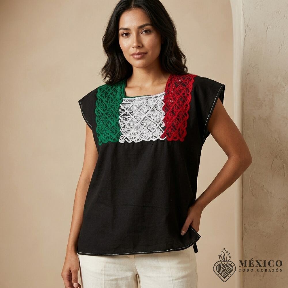 Traditional Mexican Huipil Blouse – Handmade Embroidered Manta Top  21X23 IN